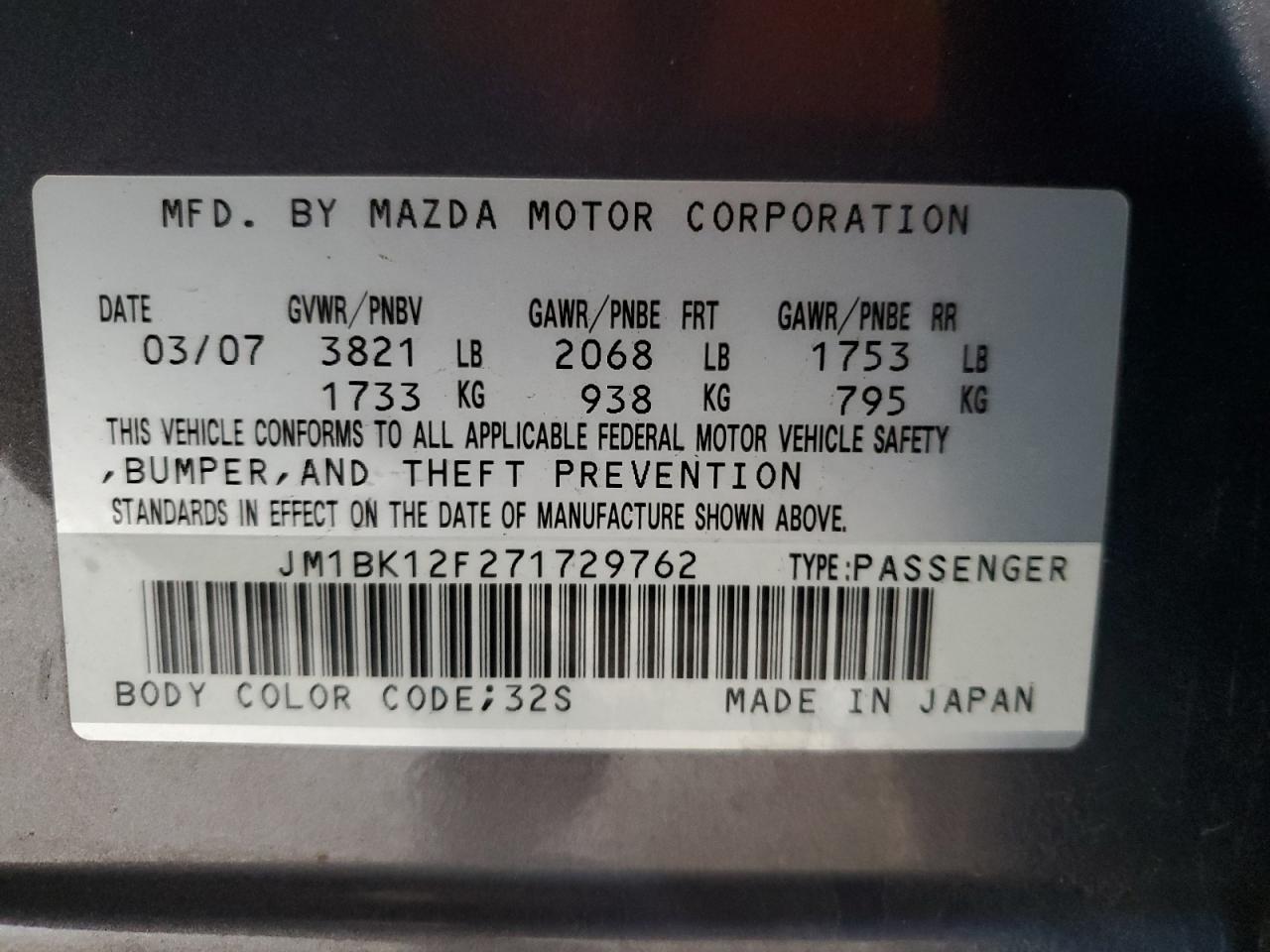 2007 Mazda 3 I VIN: JM1BK12F271729762 Lot: 92718075