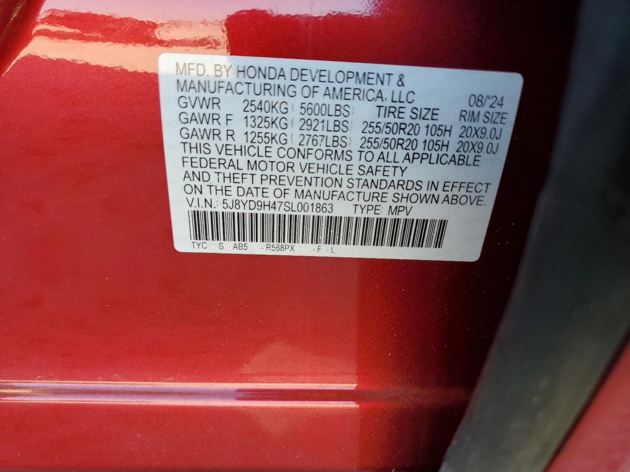 2025 Acura Mdx Technology VIN: 5J8YD9H47SL001863 Lot: 92044715