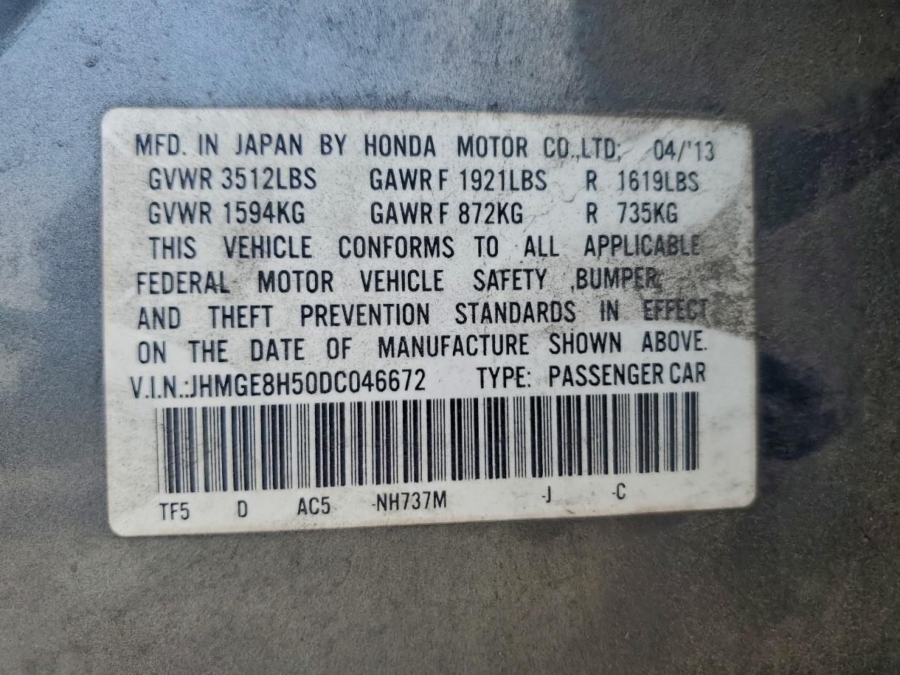 2013 Honda Fit Sport VIN: JHMGE8H50DC046672 Lot: 93086625