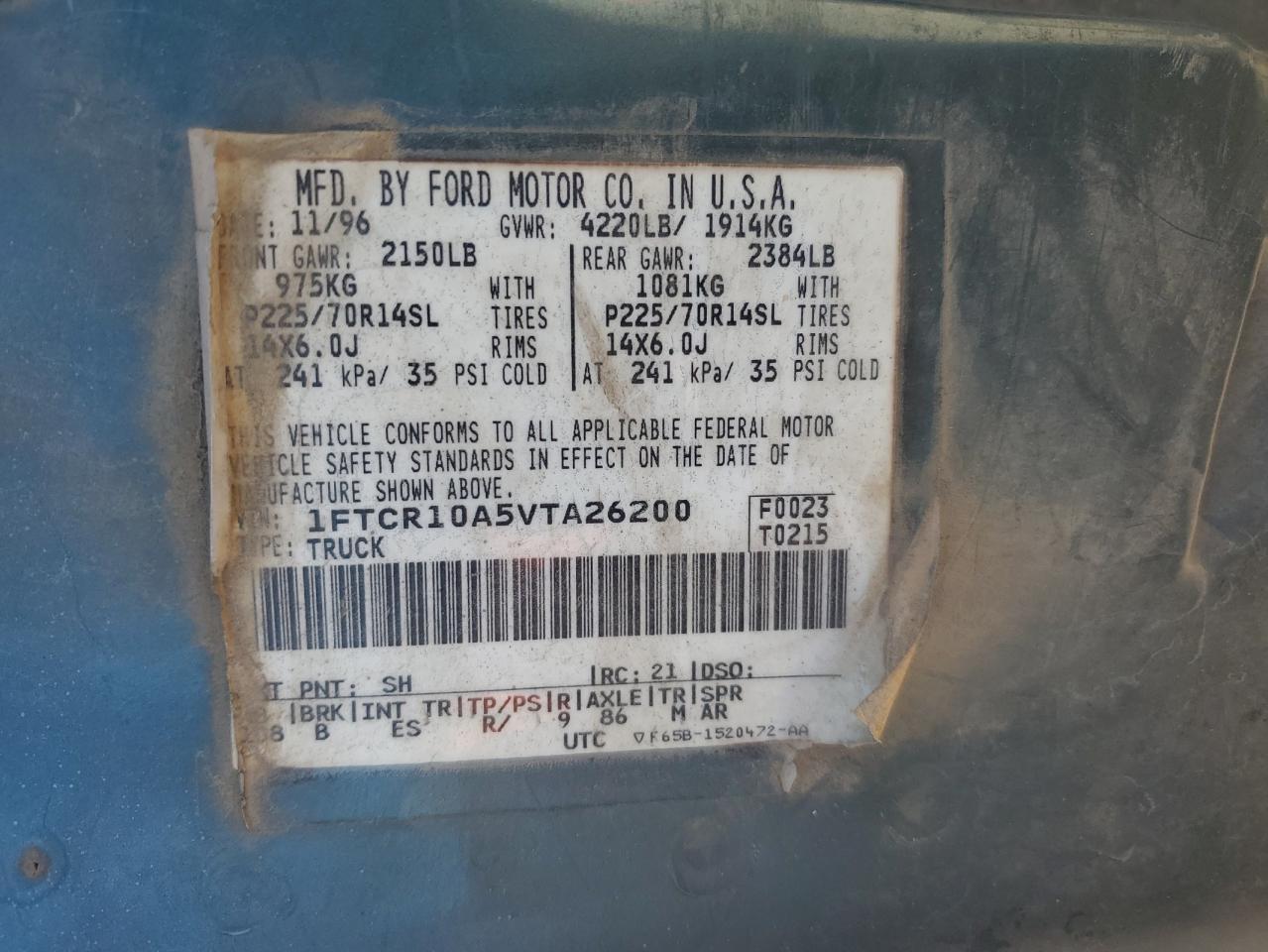 1997 Ford Ranger VIN: 1FTCR10A5VTA26200 Lot: 92245275