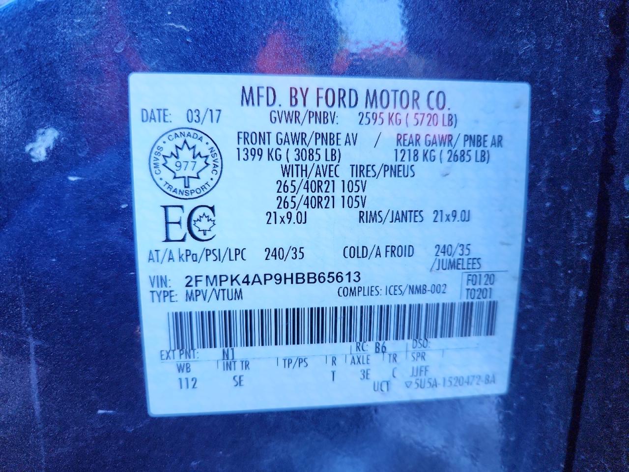 2017 Ford Edge Sport VIN: 2FMPK4AP9HBB65613 Lot: 93323465