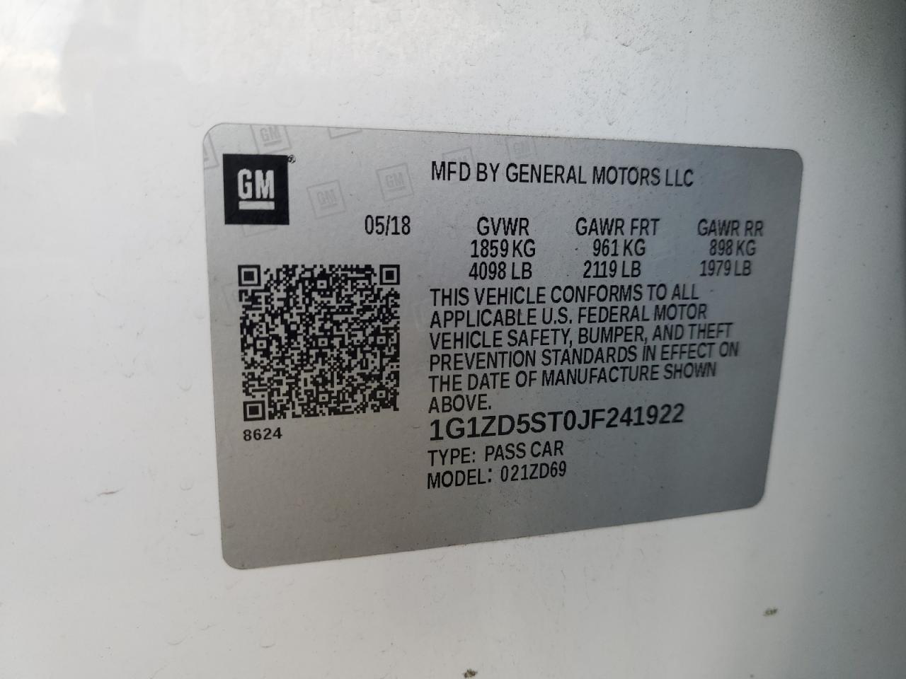 2018 Chevrolet Malibu Lt VIN: 1G1ZD5ST0JF241922 Lot: 93696645