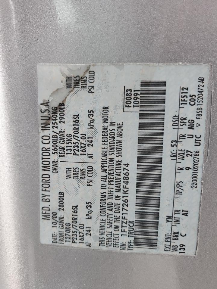 2001 Ford F150 VIN: 1FTZF17261KF48674 Lot: 93292575