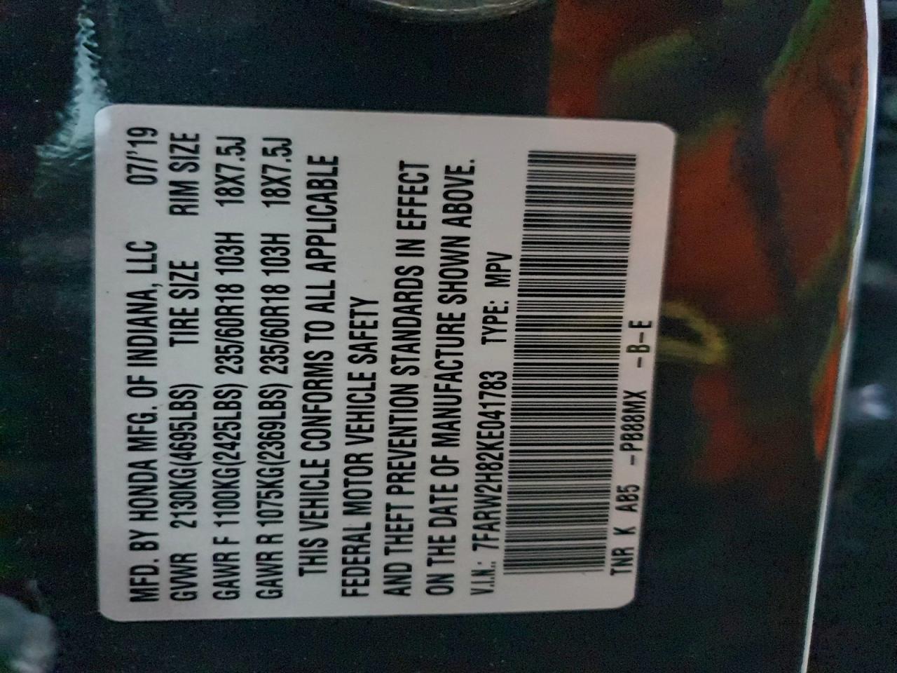 2019 Honda Cr-V Exl VIN: 7FARW2H82KE041783 Lot: 94778835