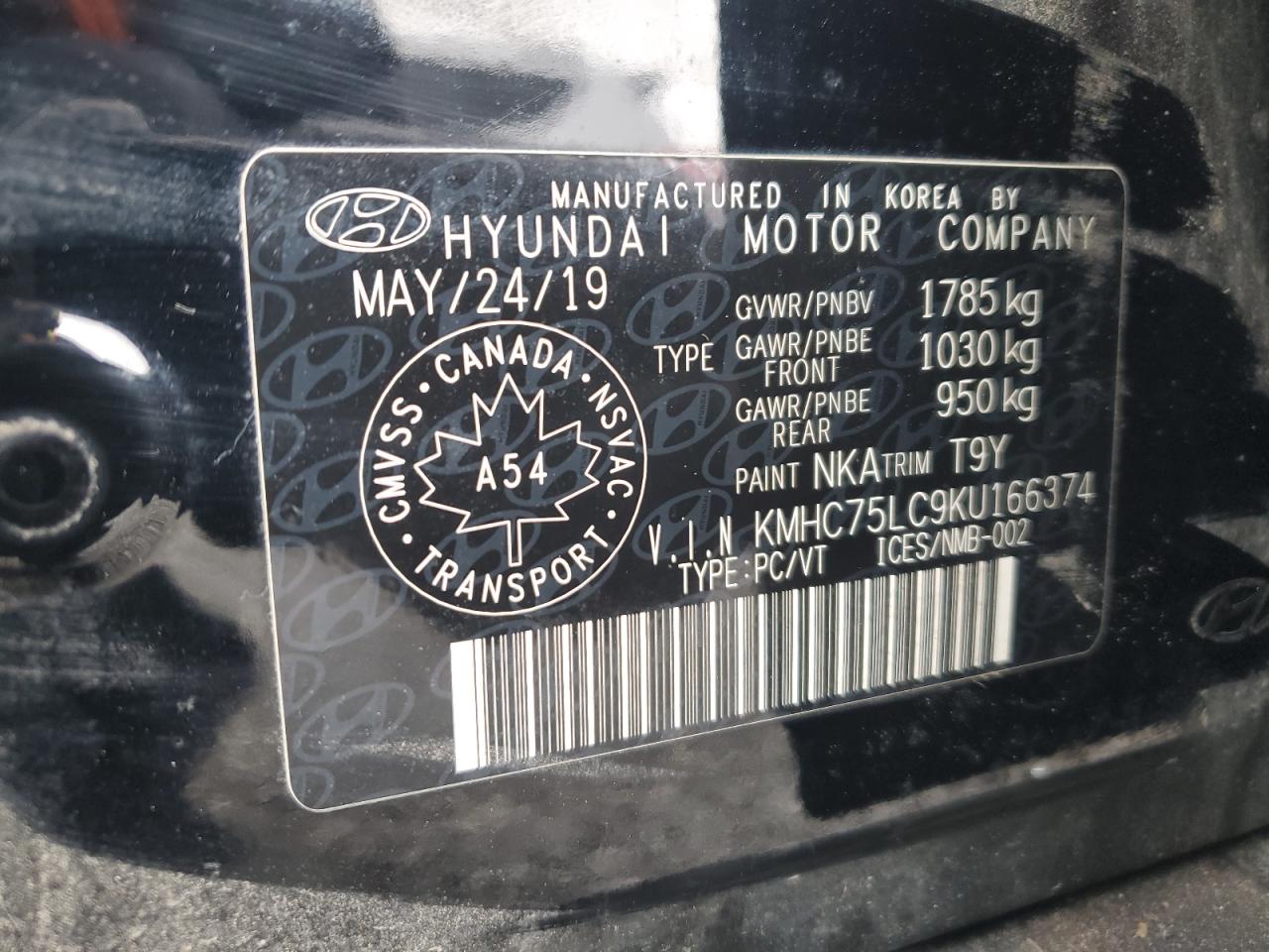 2019 Hyundai Ioniq Sel VIN: KMHC75LC9KU166374 Lot: 92054365