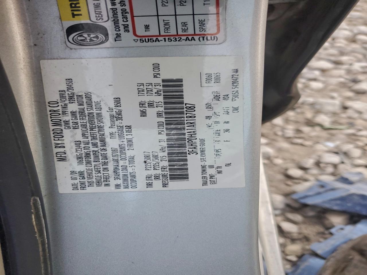 2010 Ford Fusion Se VIN: 3FAHP0HA1AR187087 Lot: 93765605