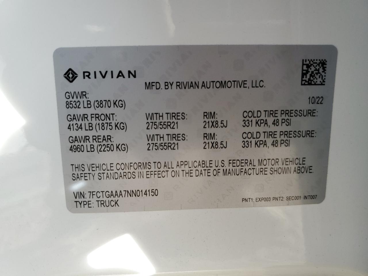 2022 Rivian R1T Adventure VIN: 7FCTGAAA7NN014150 Lot: 92443655