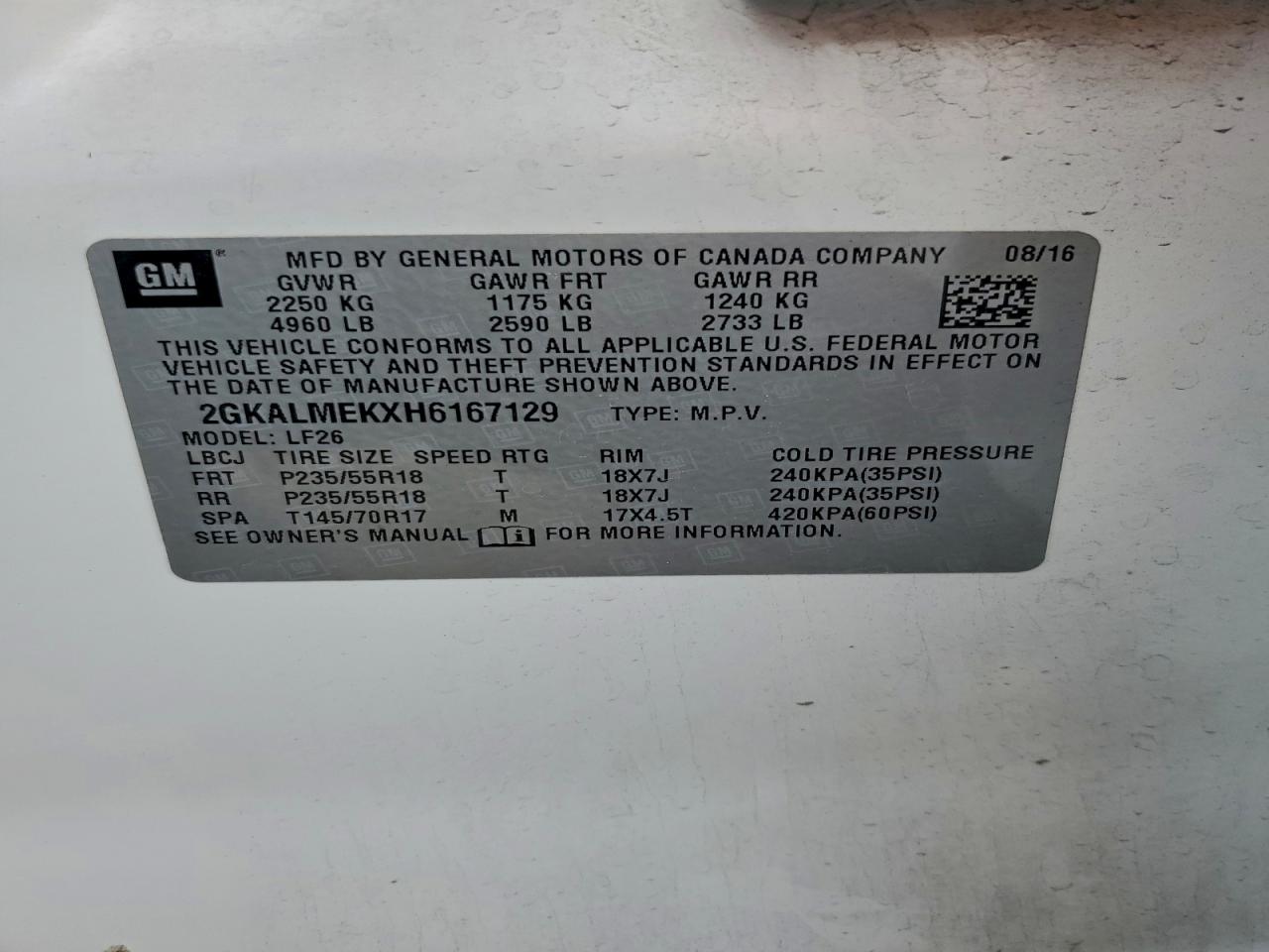 2017 GMC Terrain Sle VIN: 2GKALMEKXH6167129 Lot: 93927275