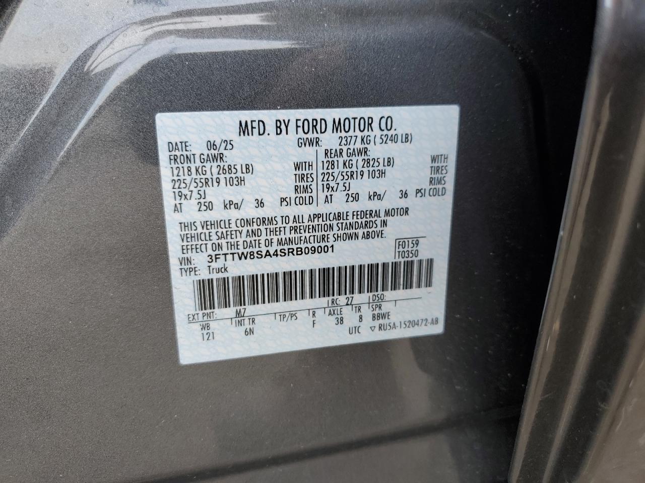 2025 Ford Maverick Lariat VIN: 3FTTW8SA4SRB09001 Lot: 93112505