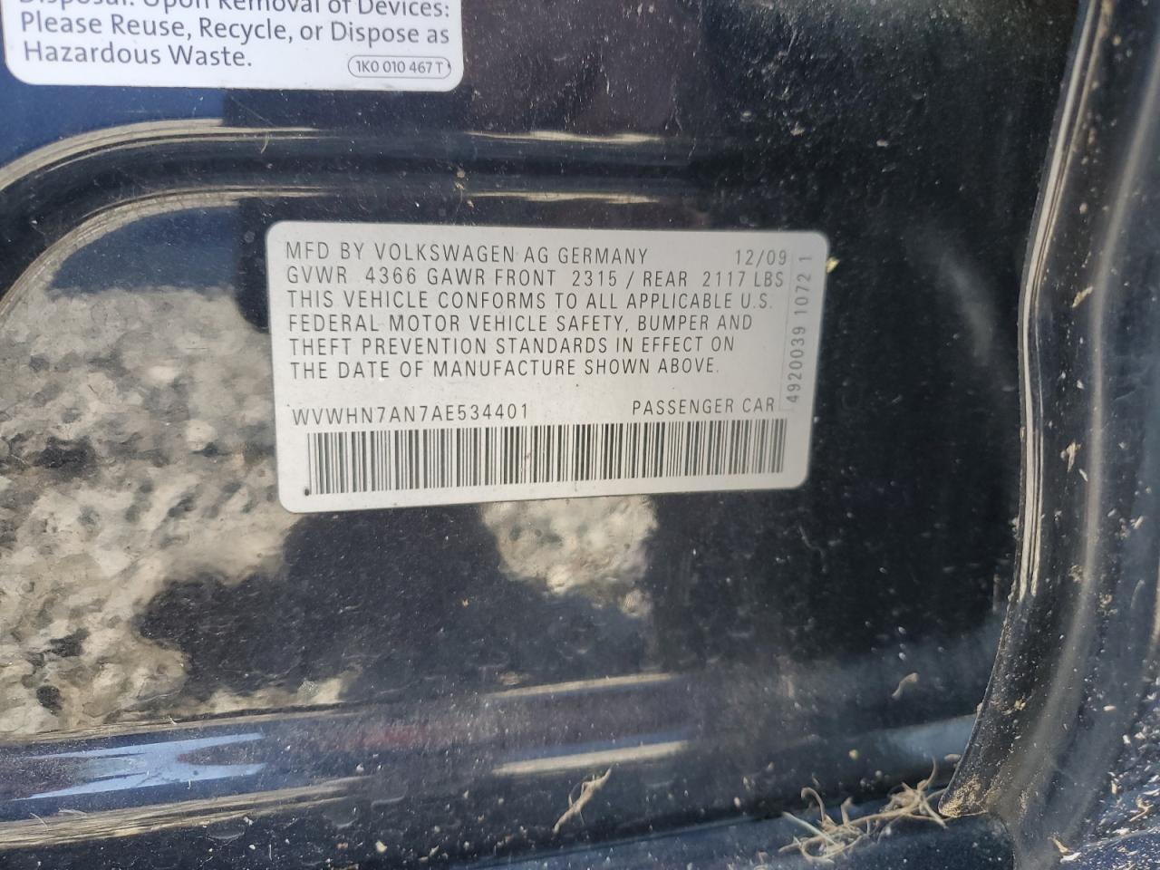 2010 Volkswagen Cc Luxury VIN: WVWHN7AN7AE534401 Lot: 92479675