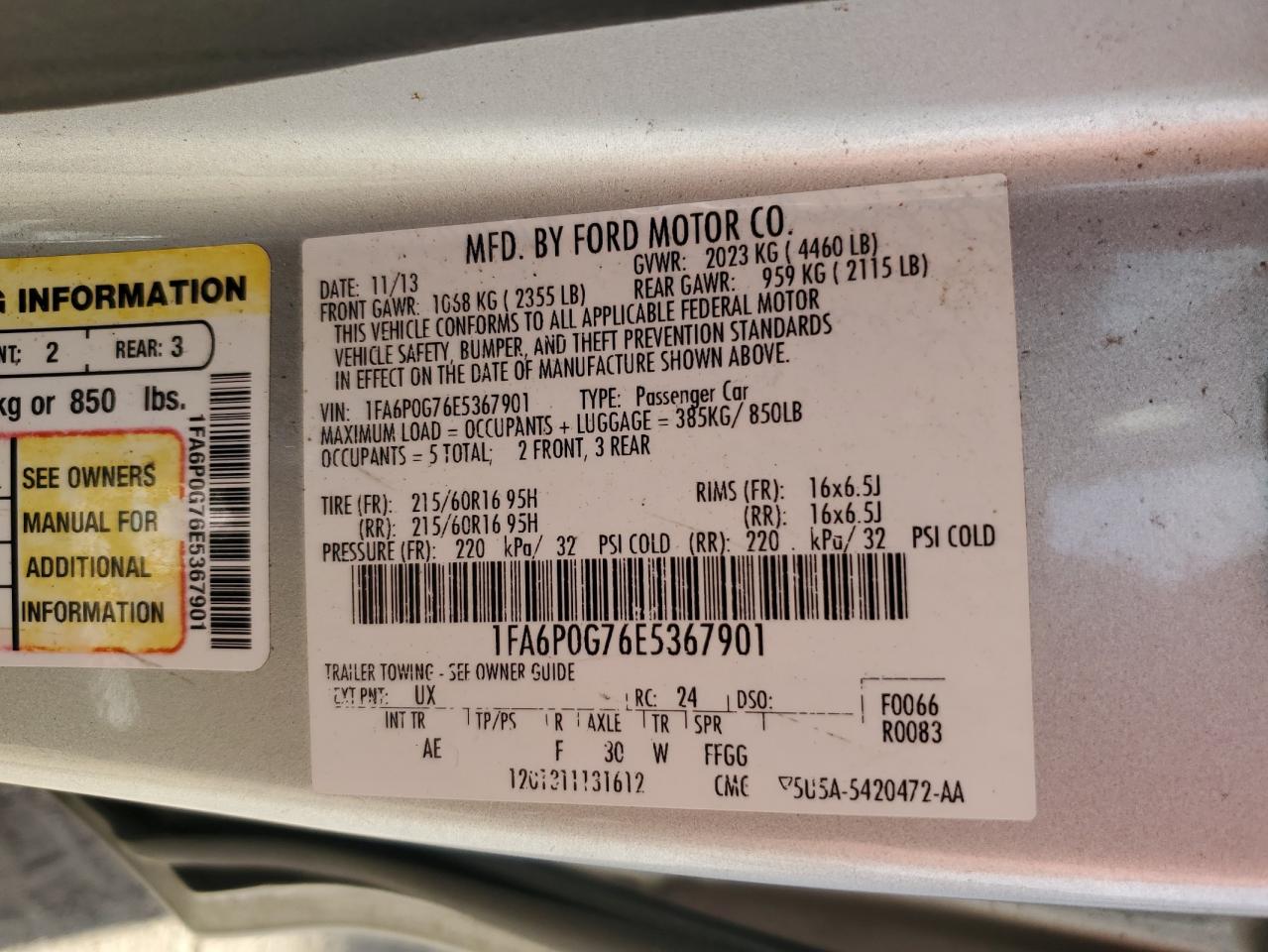 2014 Ford Fusion S VIN: 1FA6P0G76E5367901 Lot: 91675995