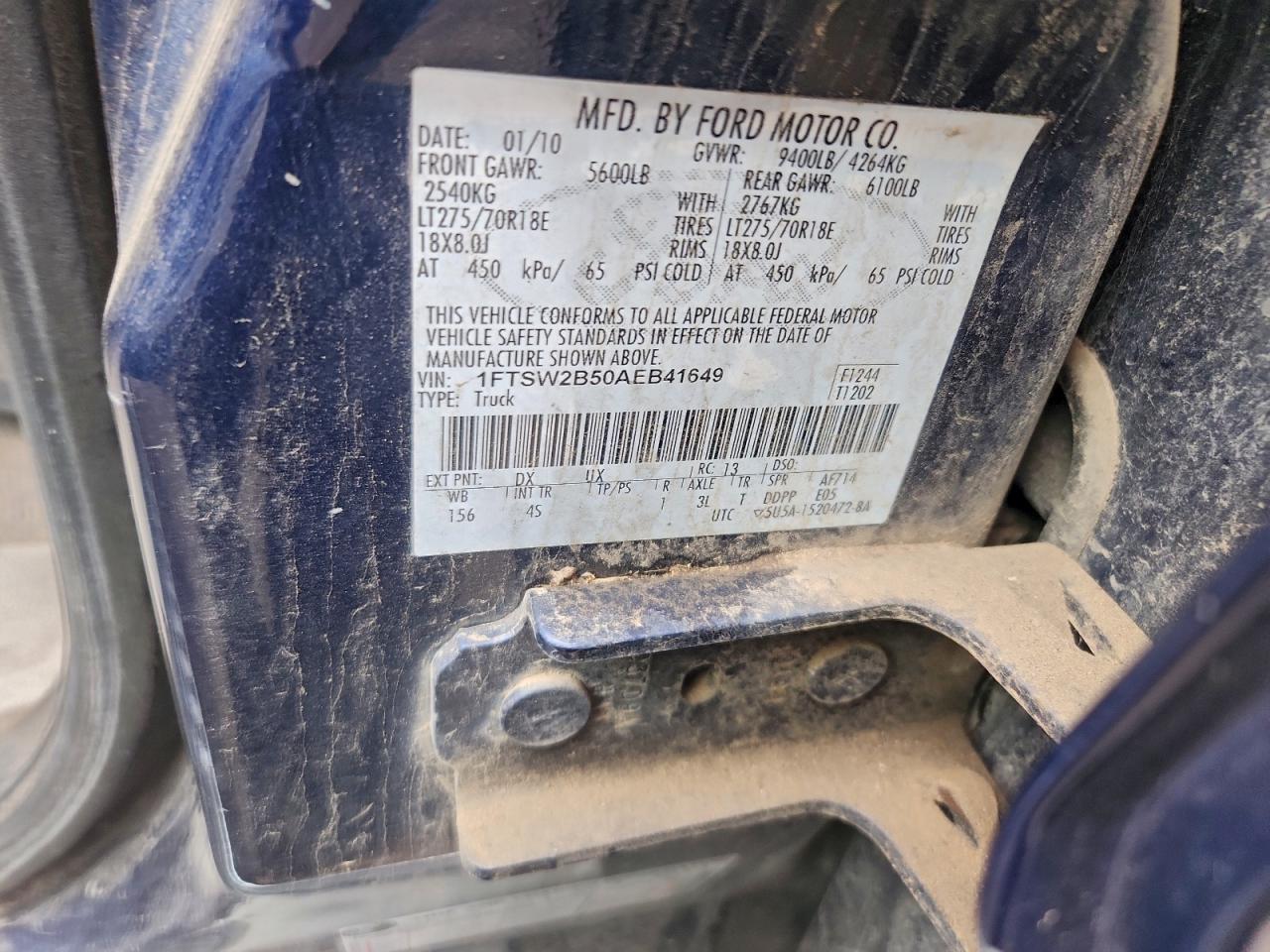 2010 Ford F250 Super Duty VIN: 1FTSW2B50AEB41649 Lot: 93283585