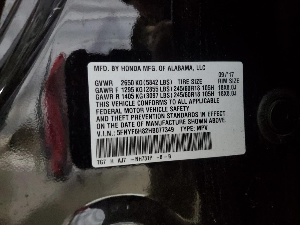 2017 Honda Pilot Exl VIN: 5FNYF6H82HB077349 Lot: 92397695