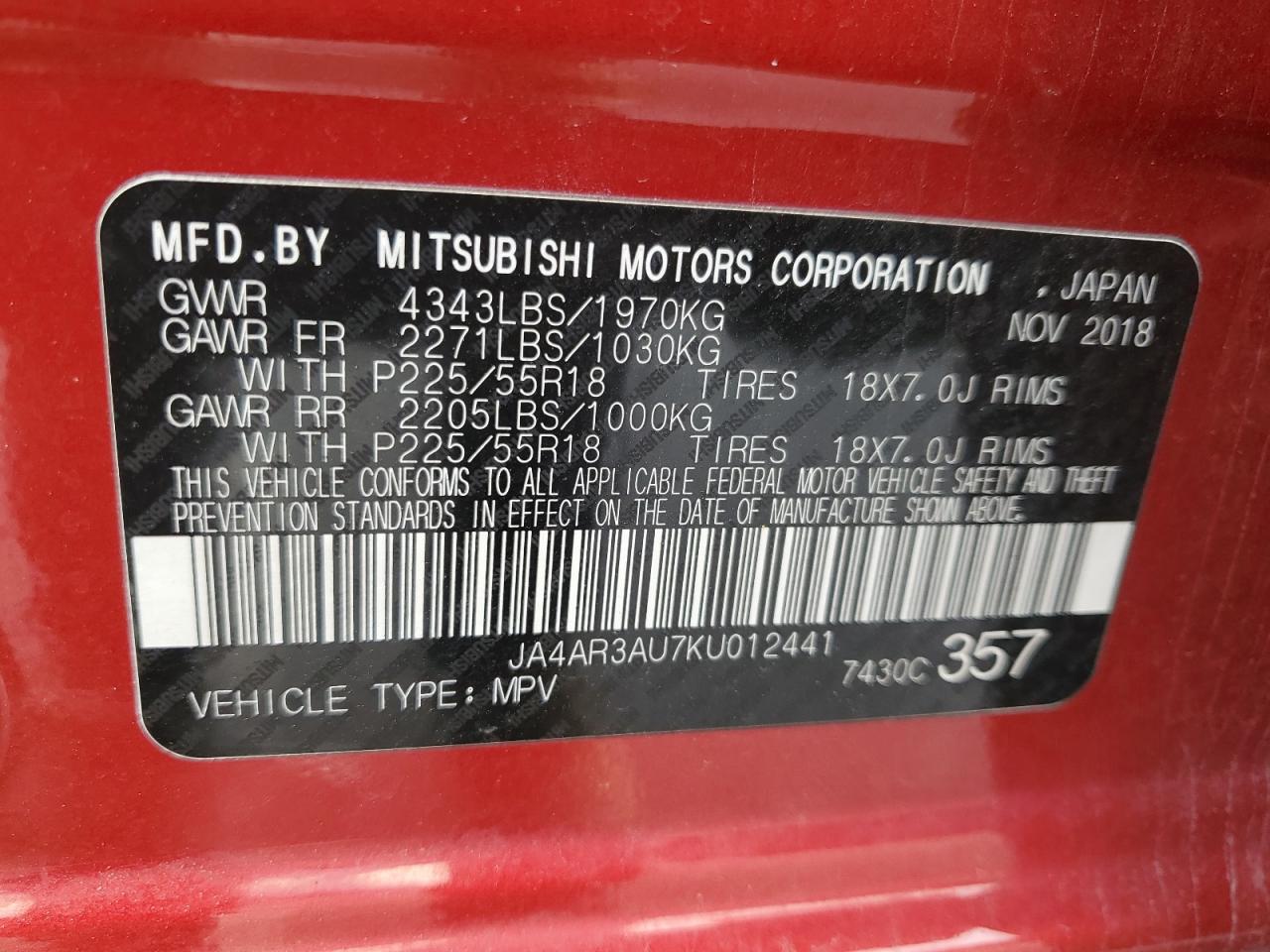 2019 Mitsubishi Outlander Sport Es VIN: JA4AR3AU7KU012441 Lot: 93070975