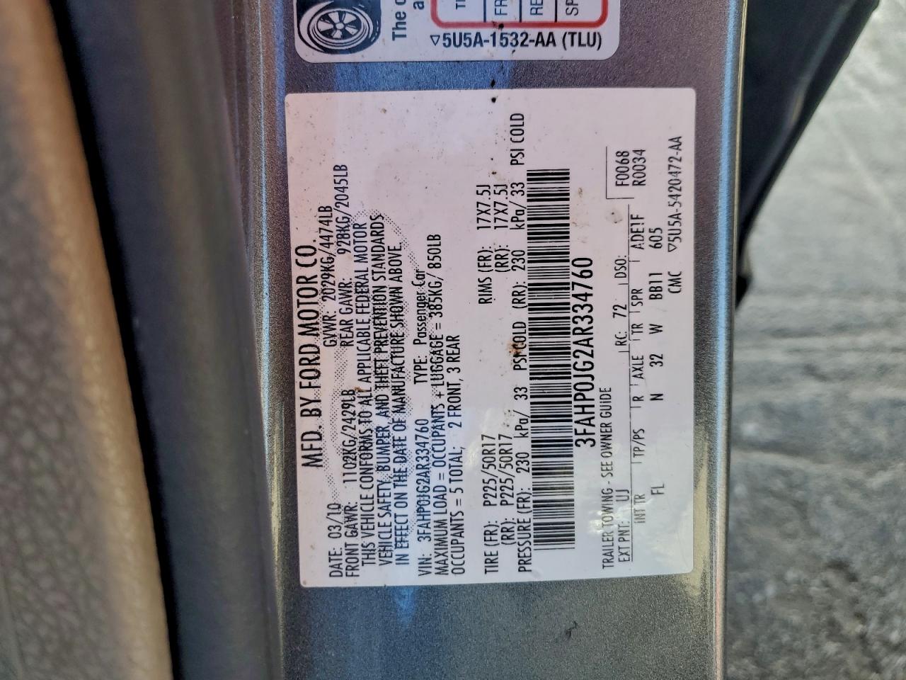 2010 Ford Fusion Sel VIN: 3FAHP0JG2AR334760 Lot: 94218575