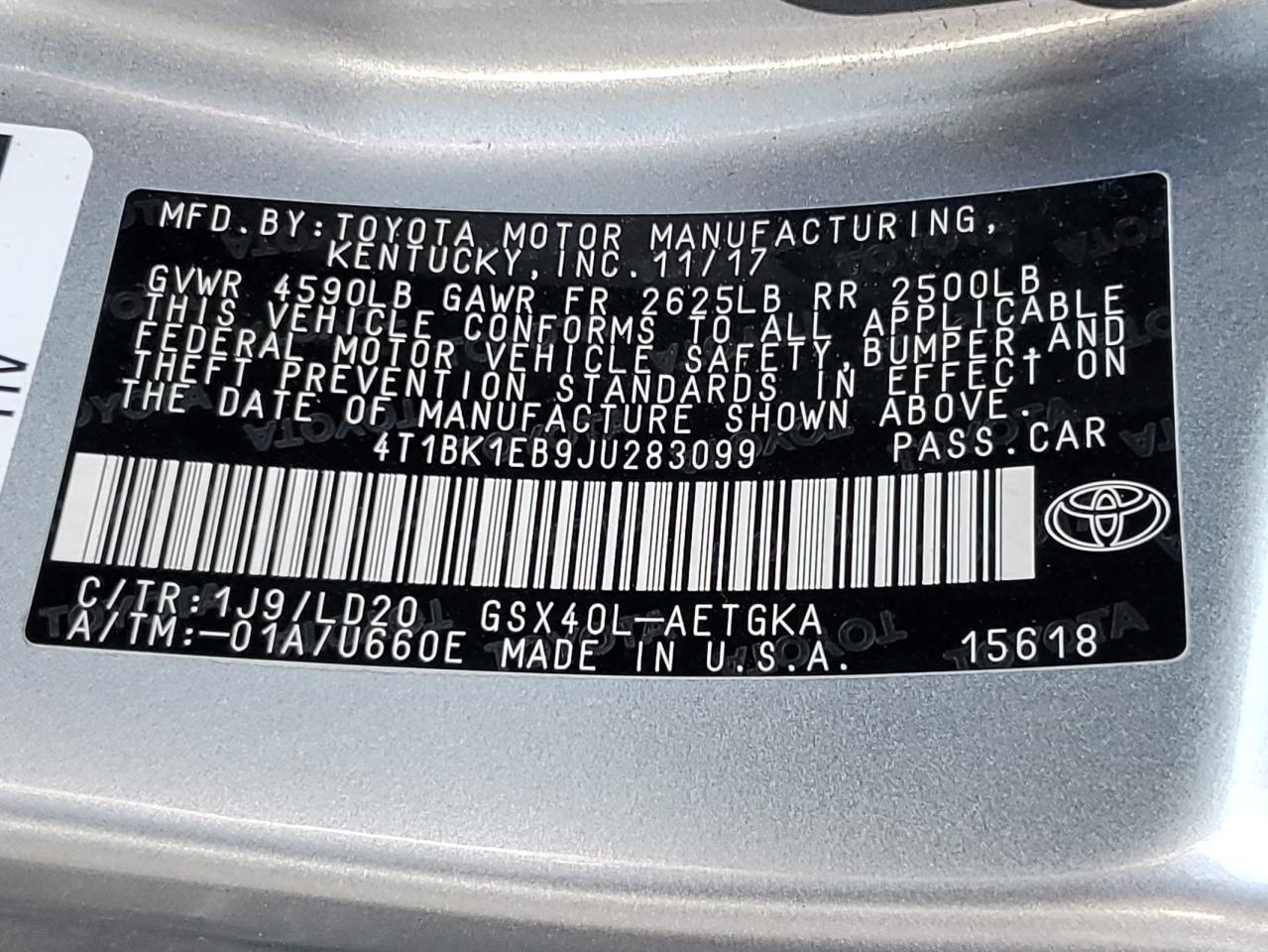 2018 Toyota Avalon Xle VIN: 4T1BK1EB9JU283099 Lot: 91971985