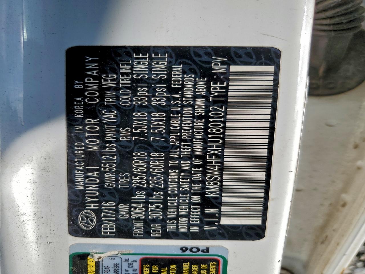 2017 Hyundai Santa Fe Se VIN: KM8SM4HFXHU180102 Lot: 94002135