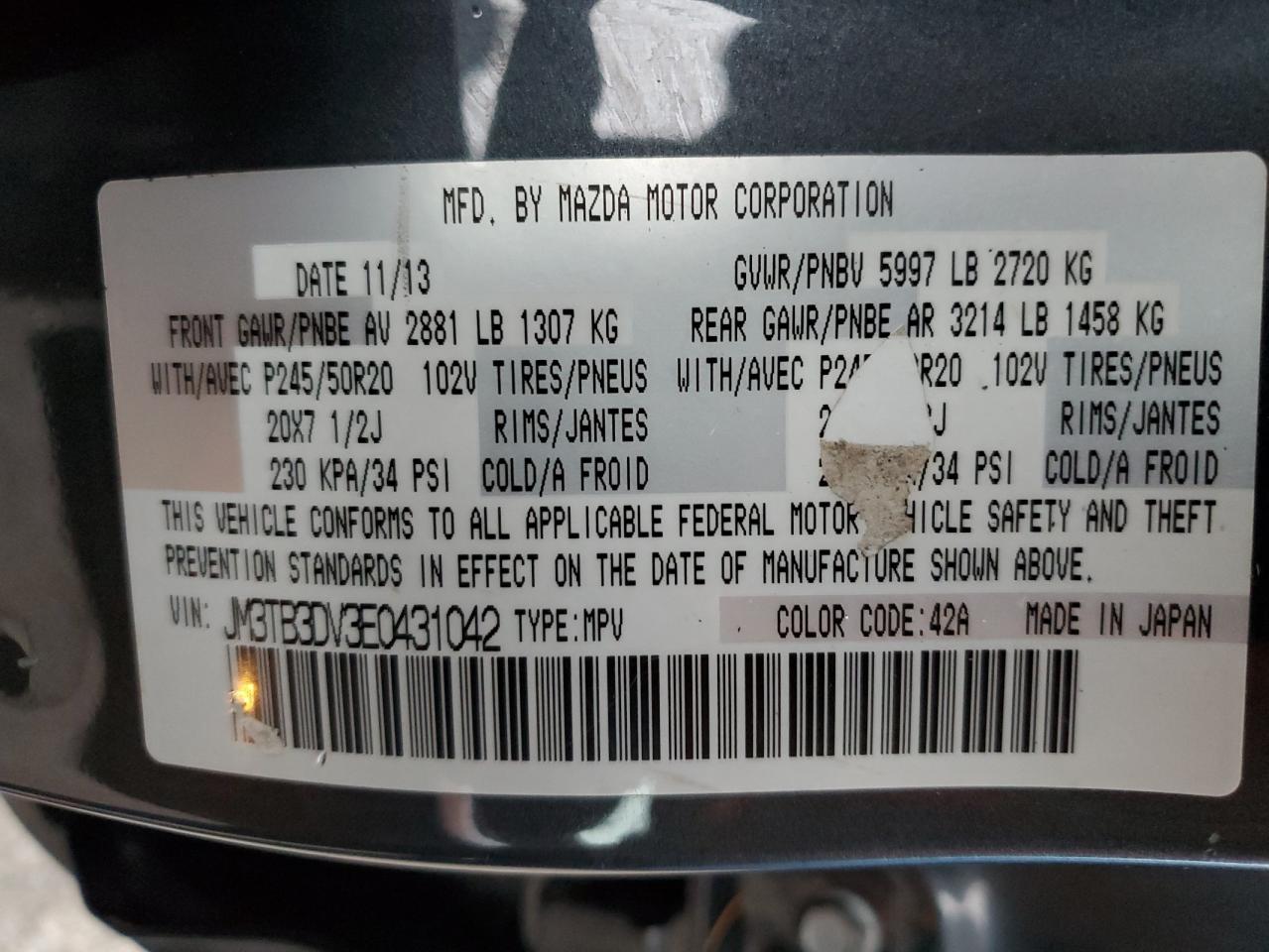 2014 Mazda Cx-9 Grand Touring VIN: JM3TB3DV3E0431042 Lot: 93771005