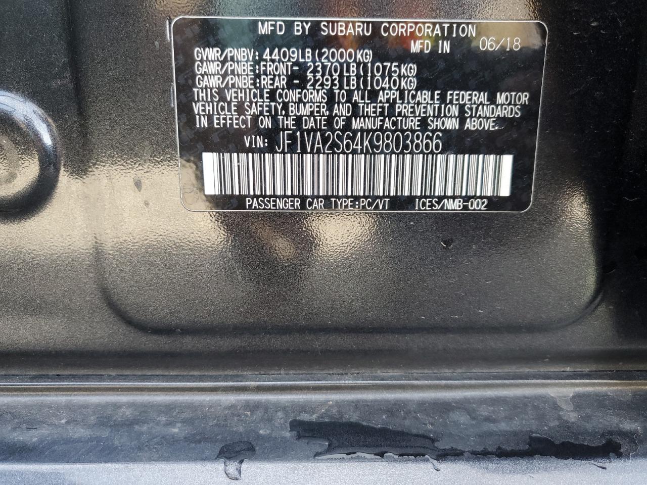 2019 Subaru Wrx Sti VIN: JF1VA2S64K9803866 Lot: 90751565