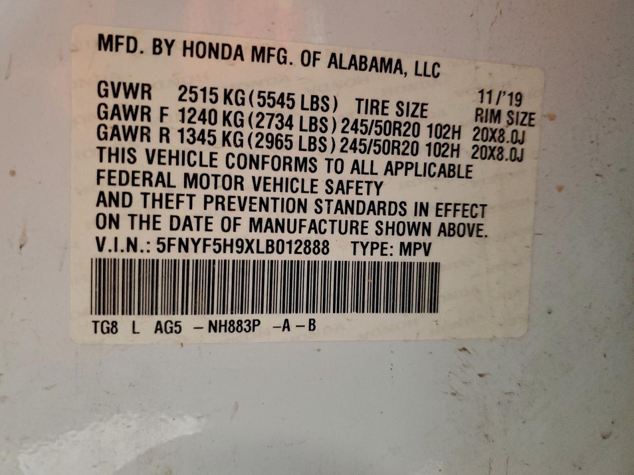 2020 Honda Pilot Touring VIN: 5FNYF5H9XLB012888 Lot: 94142065