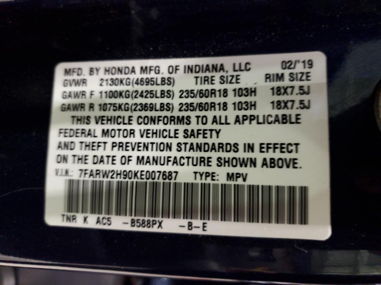 2019 Honda Cr-V Touring VIN: 7FARW2H90KE007687 Lot: 93039865