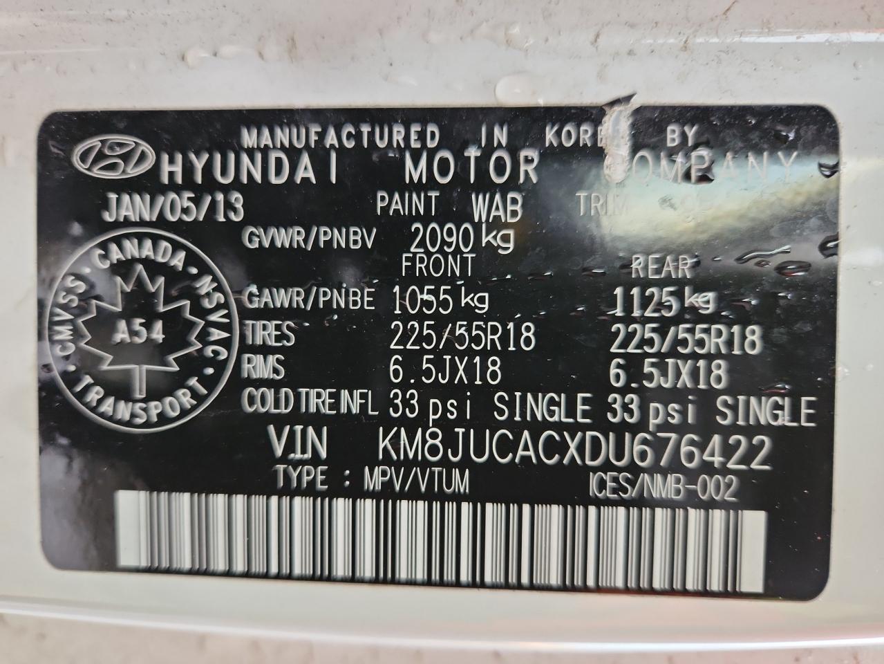 2013 Hyundai Tucson Gls VIN: KM8JUCACXDU676422 Lot: 91909385