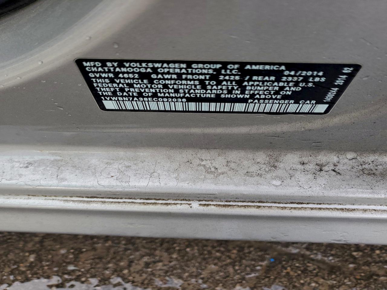 2014 Volkswagen Passat Se VIN: 1VWBN7A38EC092036 Lot: 94169635