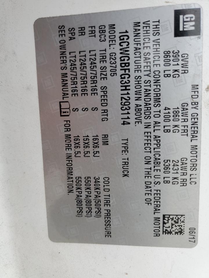 2017 Chevrolet Express G2 Delivery Van VIN: 1GCWGBFG3H1293114 Lot: 92417285