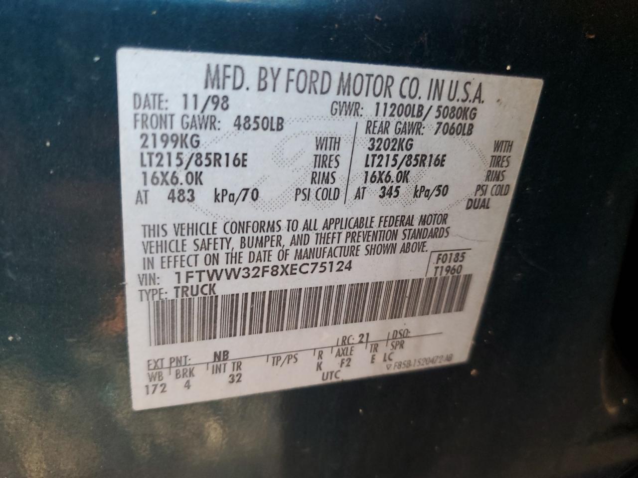 1999 Ford F350 Super Duty VIN: 1FTWW32F8XEC75124 Lot: 91982995