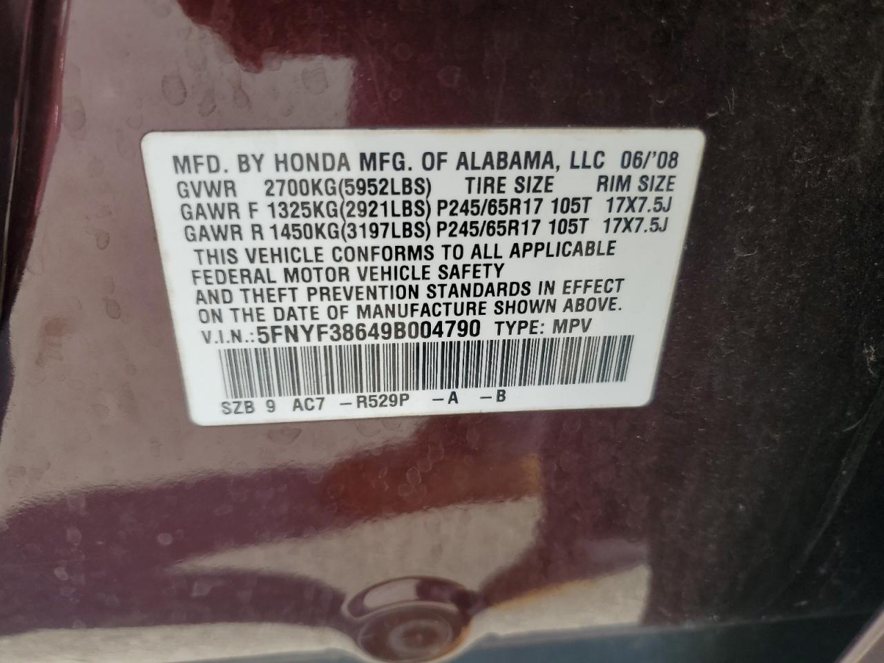 2009 Honda Pilot Exl VIN: 5FNYF38649B004790 Lot: 93090965