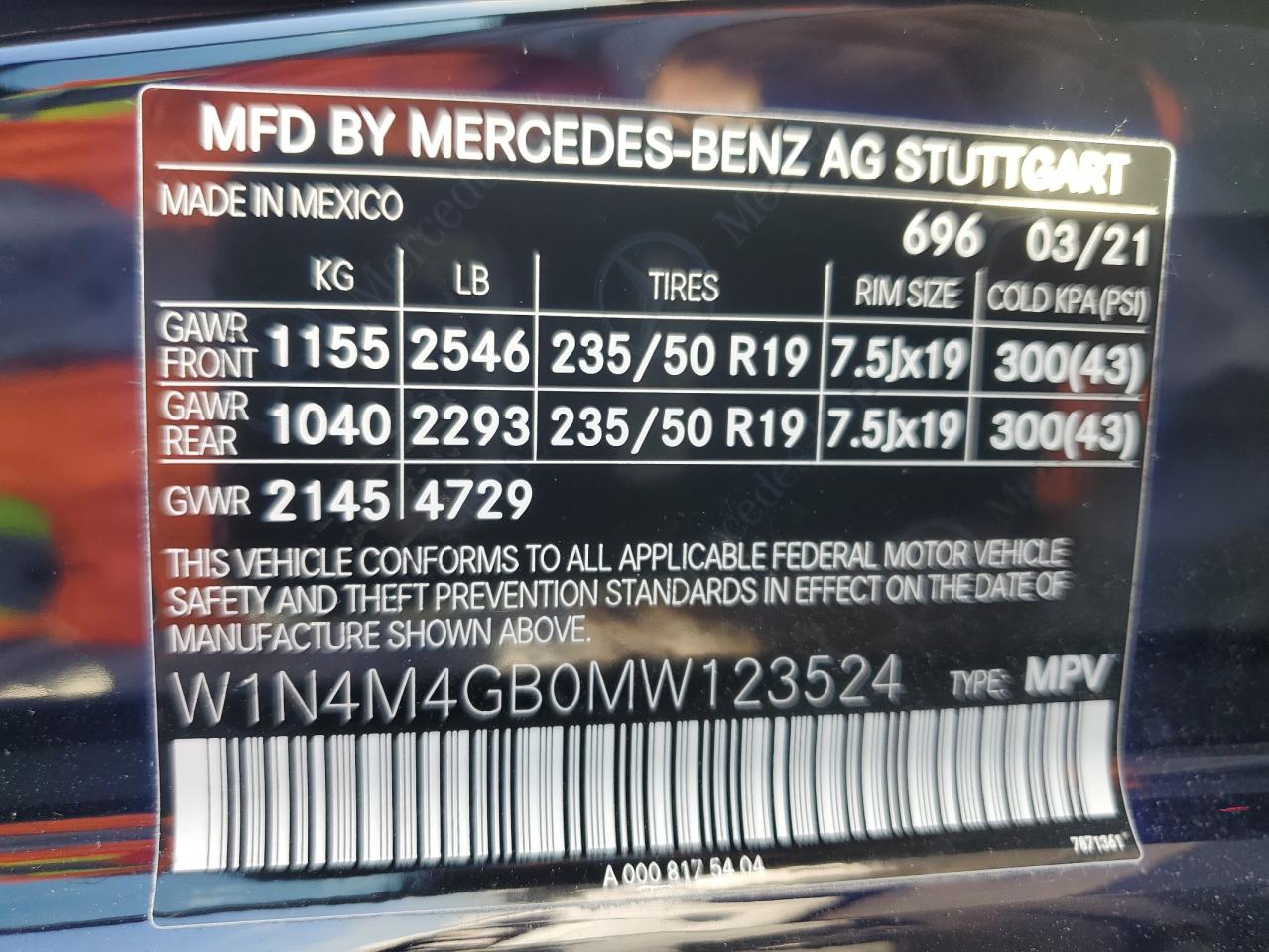 2021 Mercedes-Benz Glb 250 VIN: W1N4M4GB0MW123524 Lot: 92133345