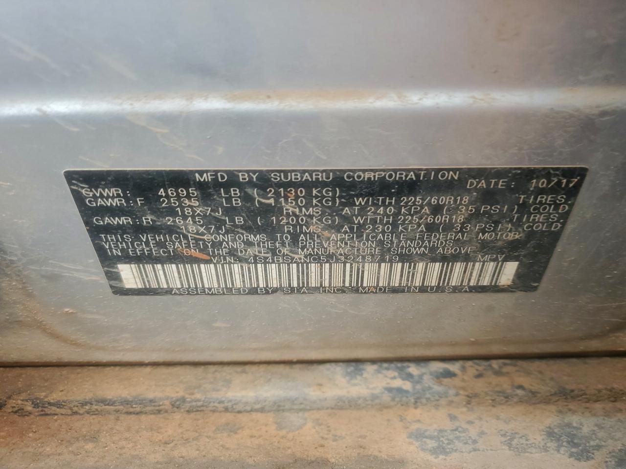 2018 Subaru Outback 2.5I Limited VIN: 4S4BSANC5J3248719 Lot: 93942035