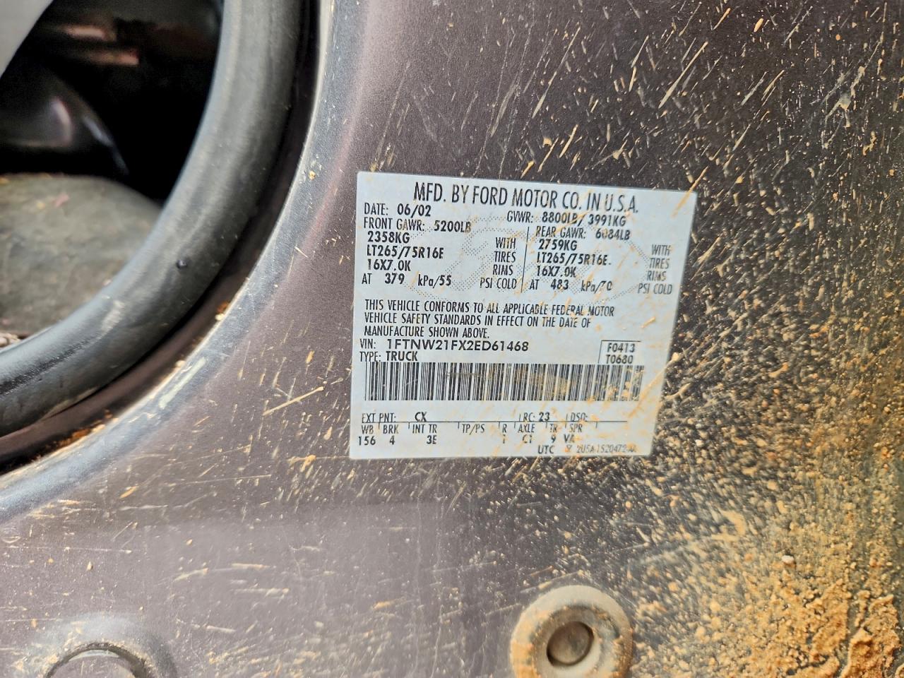 2002 Ford F250 Super Duty VIN: 1FTNW21FX2ED61468 Lot: 93501635