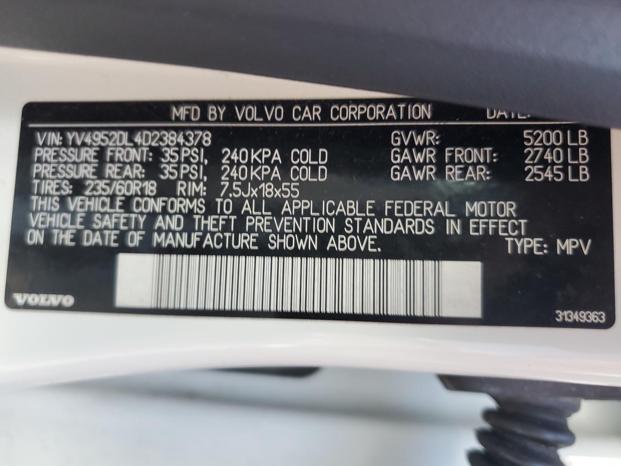 2013 Volvo Xc60 3.2 VIN: YV4952DL4D2384378 Lot: 92868915