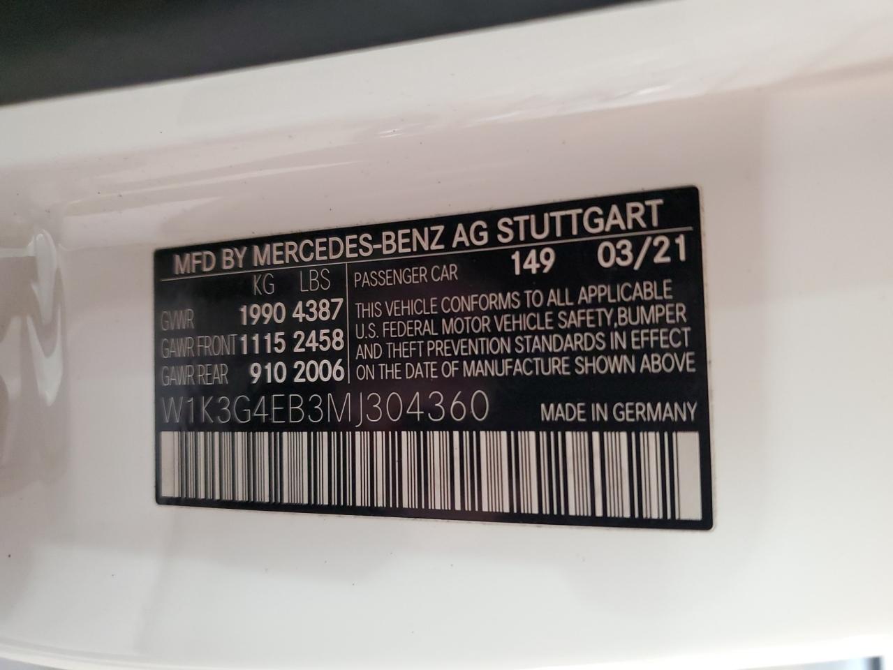 2021 Mercedes-Benz A 220 VIN: W1K3G4EB3MJ304360 Lot: 93141355