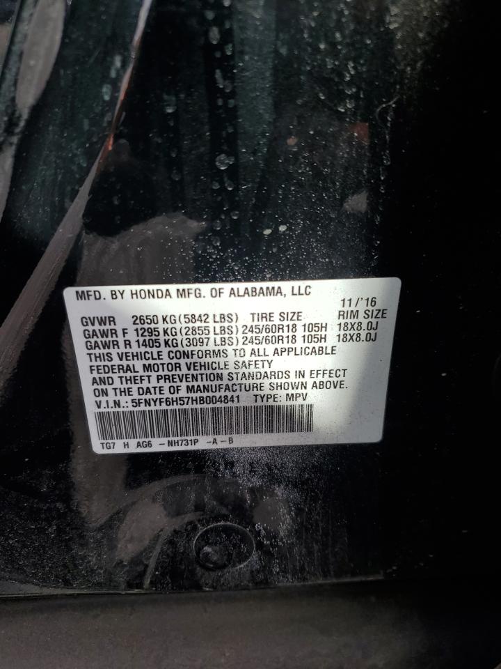 2017 Honda Pilot Exl VIN: 5FNYF6H57HB004841 Lot: 91690005