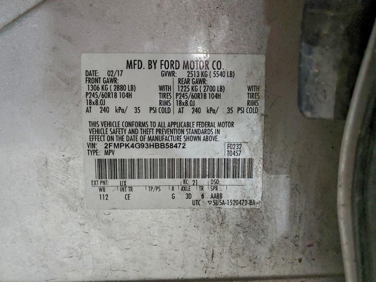 2017 Ford Edge Se VIN: 2FMPK4G93HBB58472 Lot: 94092065