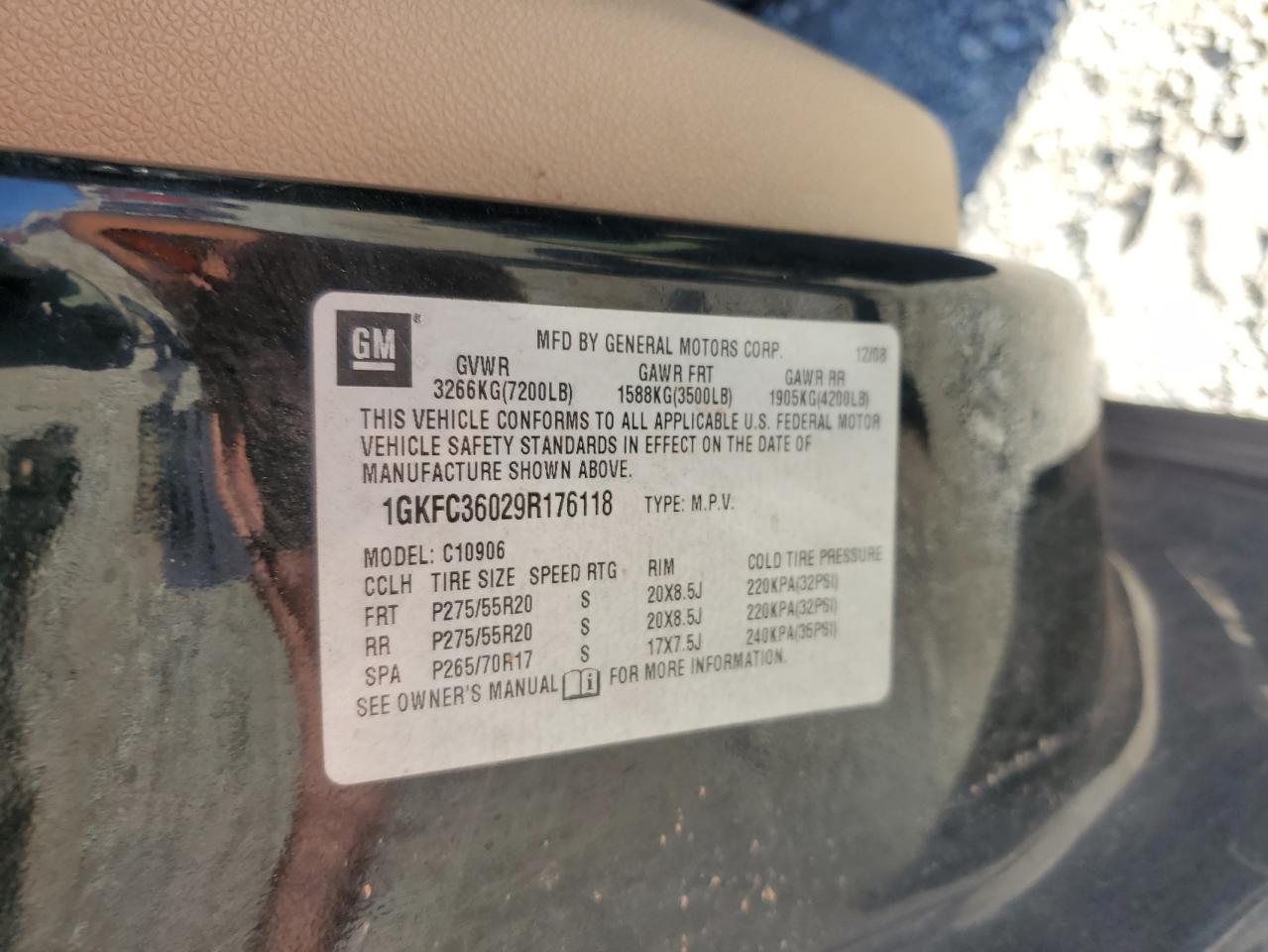 2009 GMC Yukon Xl C1500 Slt VIN: 1GKFC36029R176118 Lot: 92801535