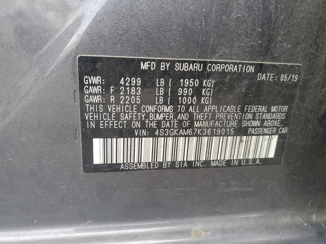 2019 Subaru Impreza Sport VIN: 4S3GKAM67K3619015 Lot: 92499275