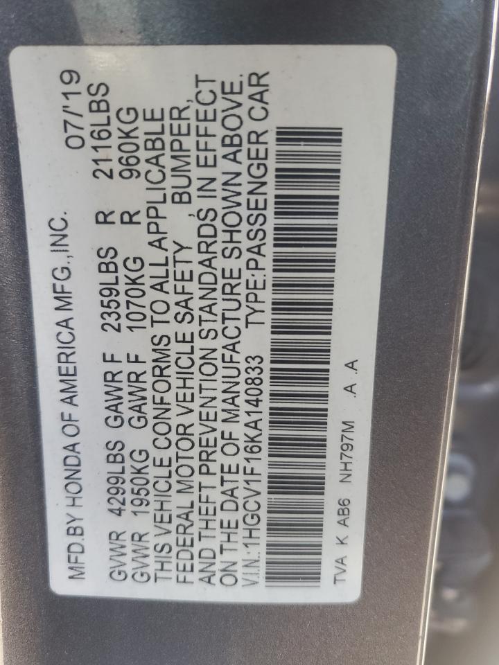 2019 Honda Accord Lx VIN: 1HGCV1F16KA140833 Lot: 90233845