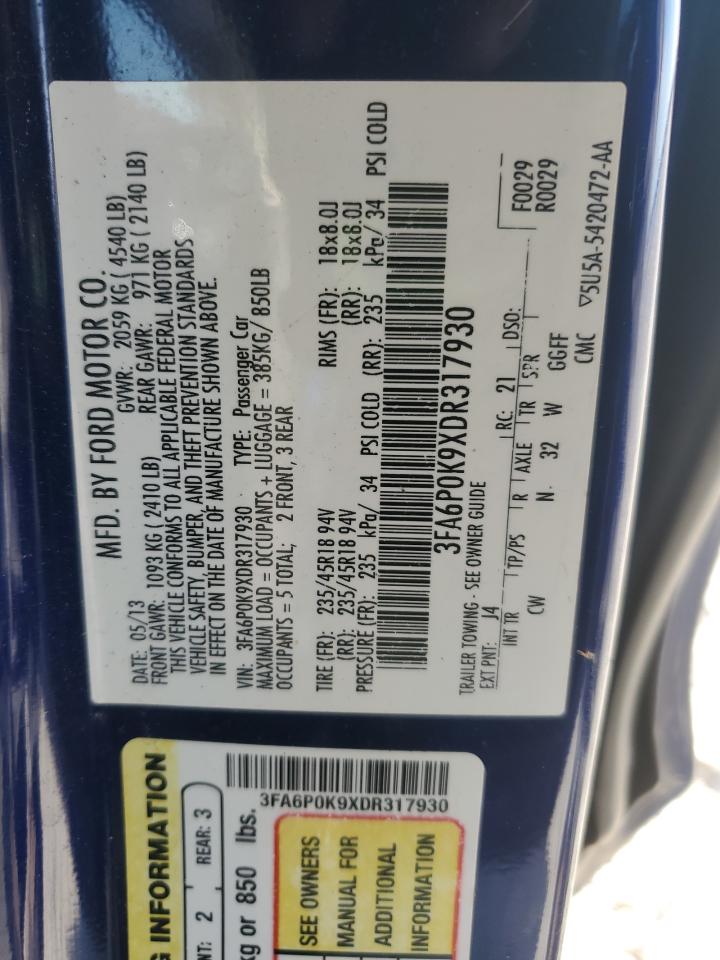 2013 Ford Fusion Titanium VIN: 3FA6P0K9XDR317930 Lot: 92974515