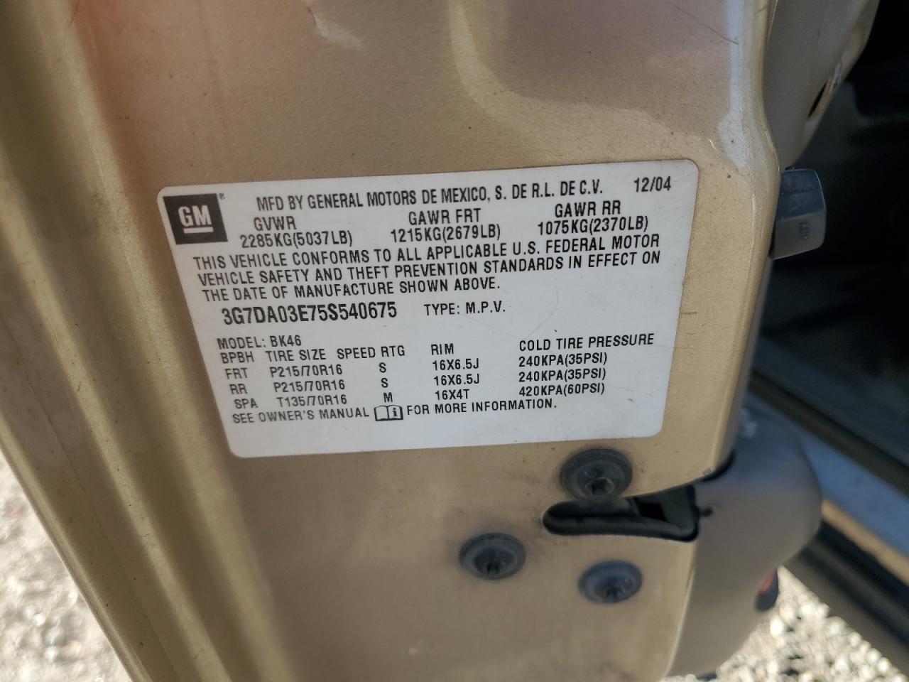 2005 Pontiac Aztek VIN: 3G7DA03E75S540675 Lot: 92327615