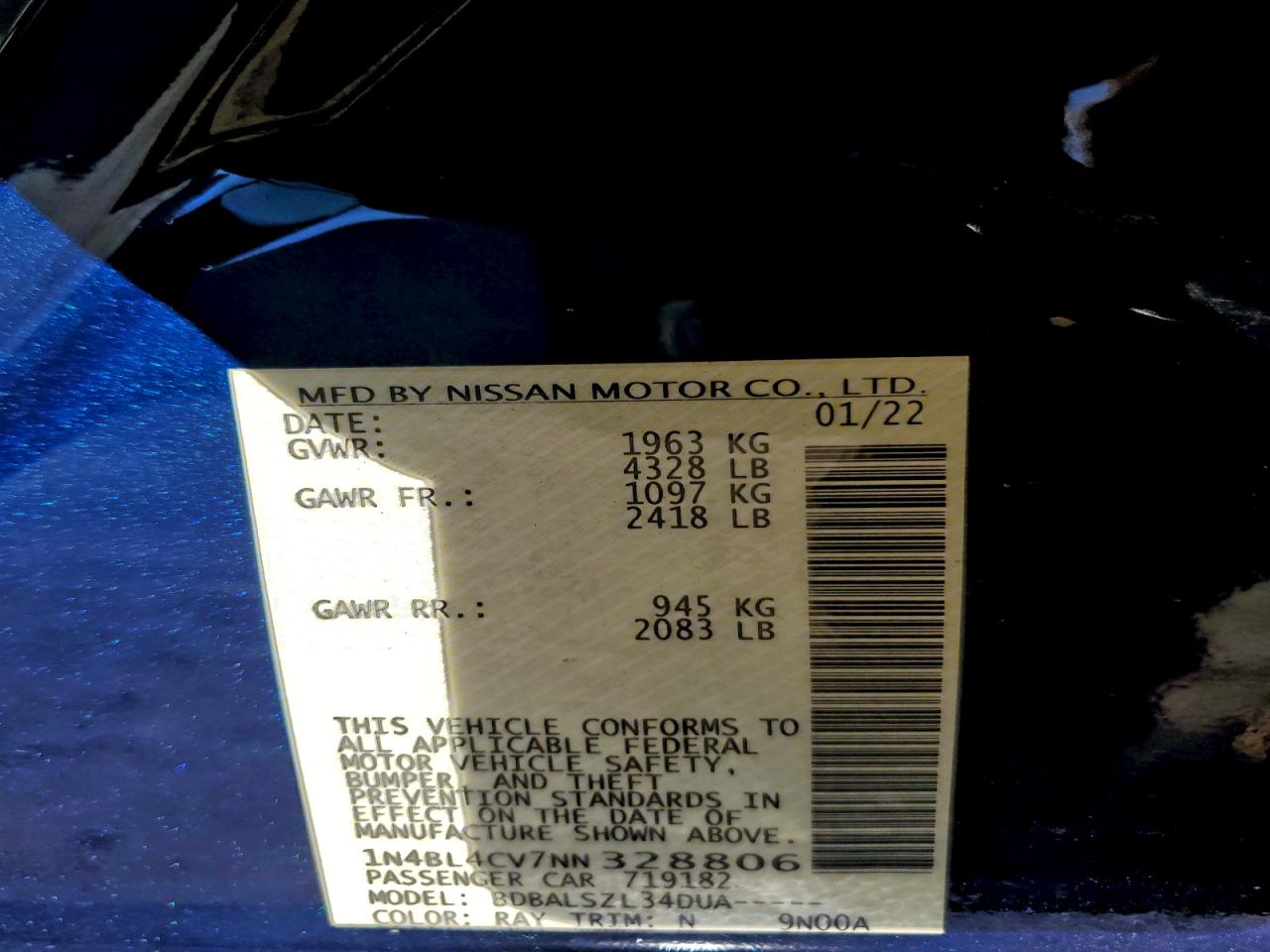 2022 Nissan Altima Sr VIN: 1N4BL4CV7NN328806 Lot: 94165505