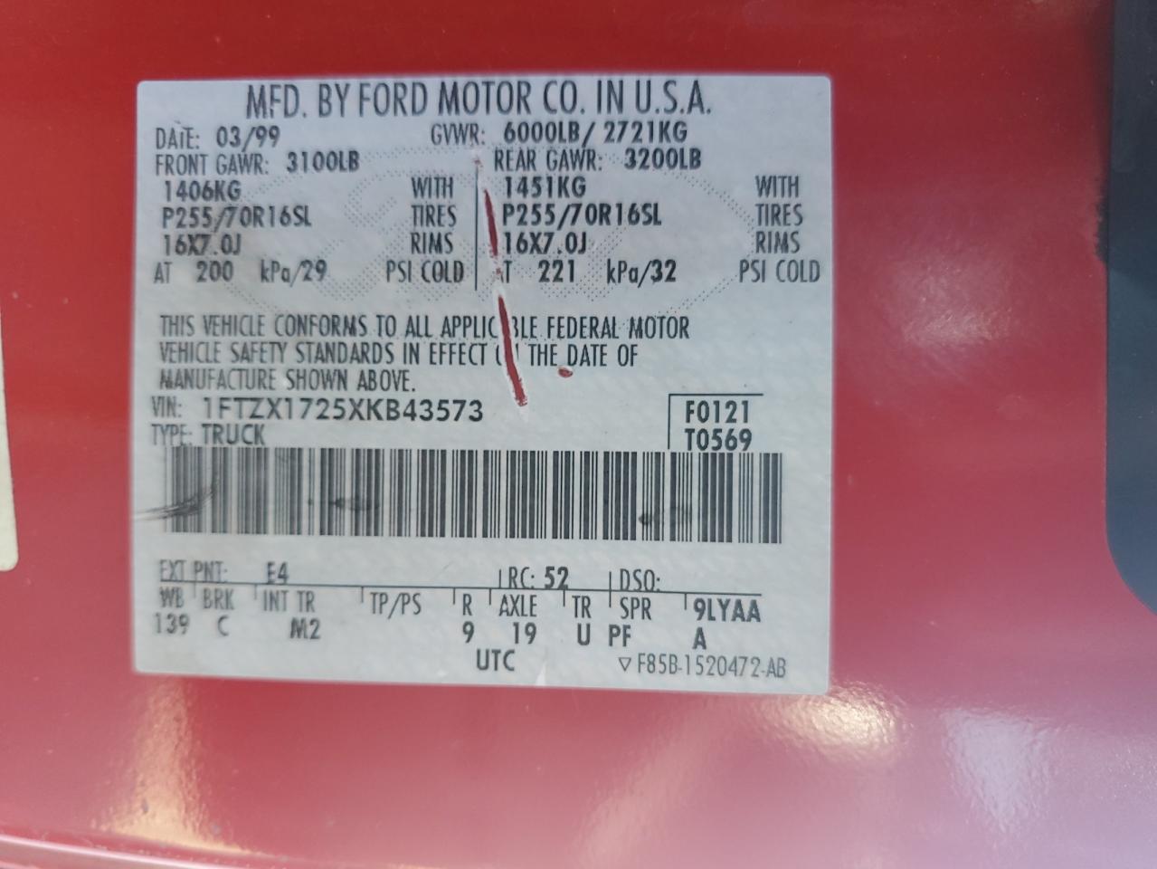 1999 Ford F150 VIN: 1FTZX1725XKB43573 Lot: 91138135