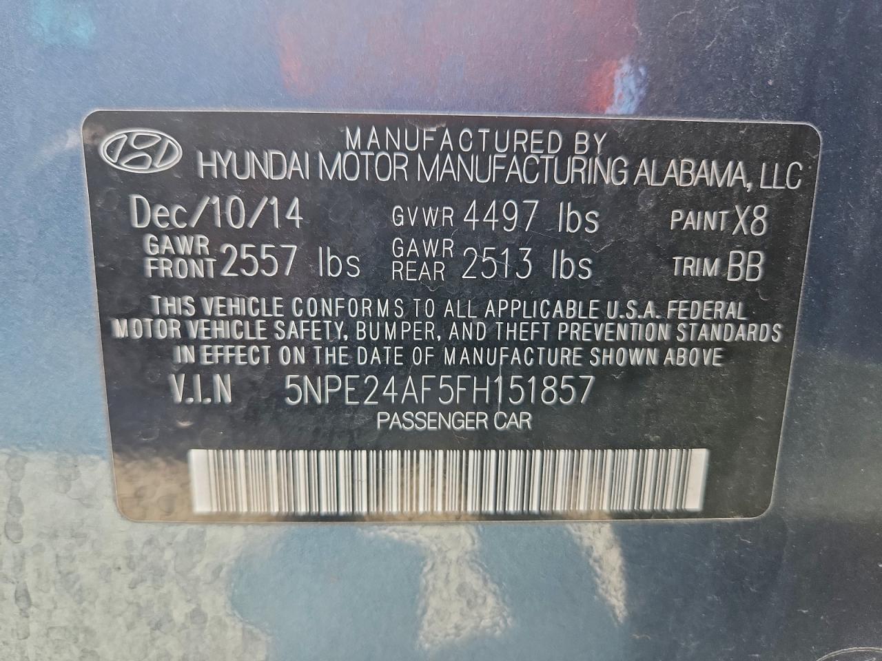 2015 Hyundai Sonata Se VIN: 5NPE24AF5FH151857 Lot: 94728625