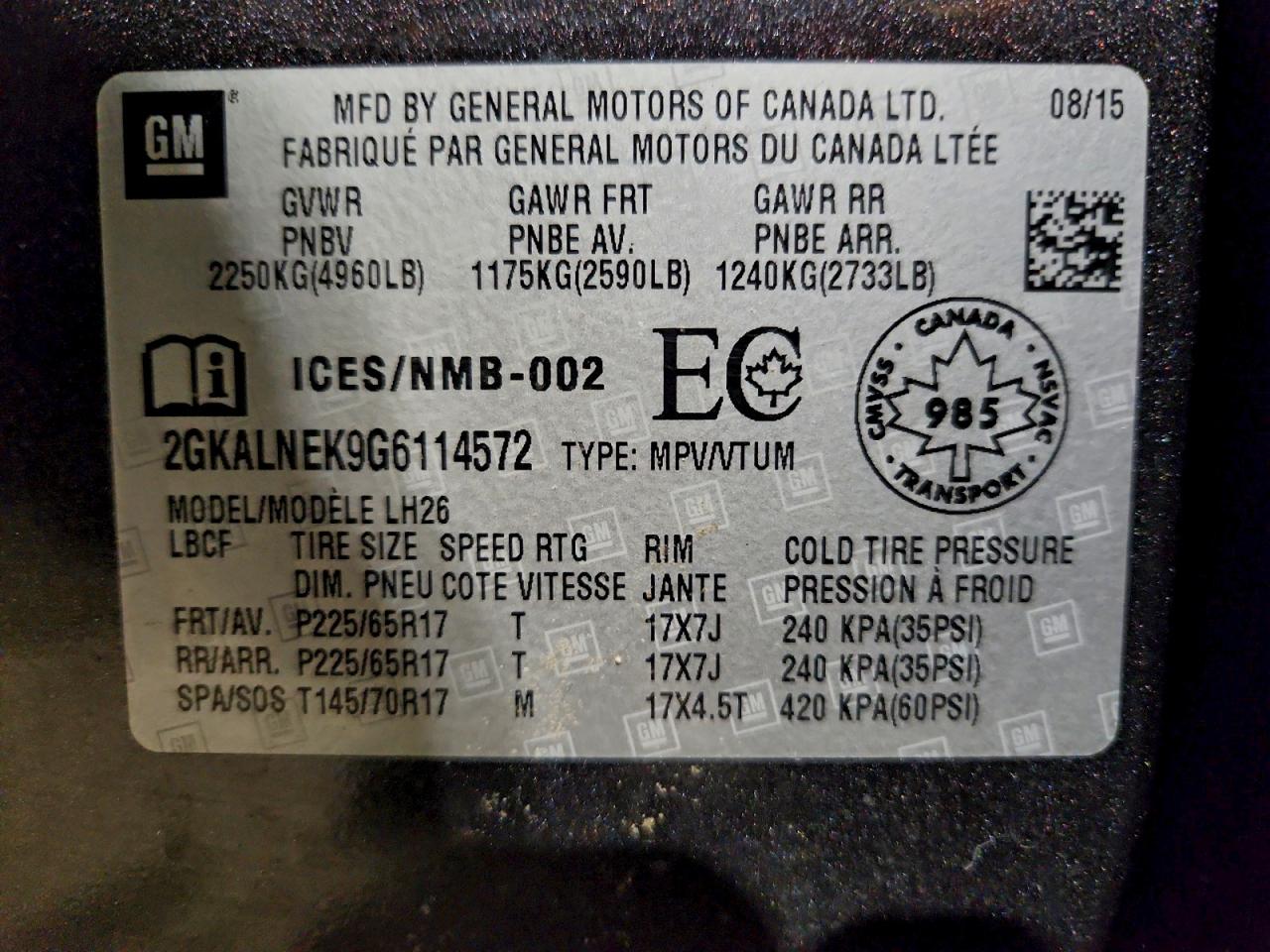 2016 GMC Terrain Sle VIN: 2GKALNEK9G6114572 Lot: 95056495