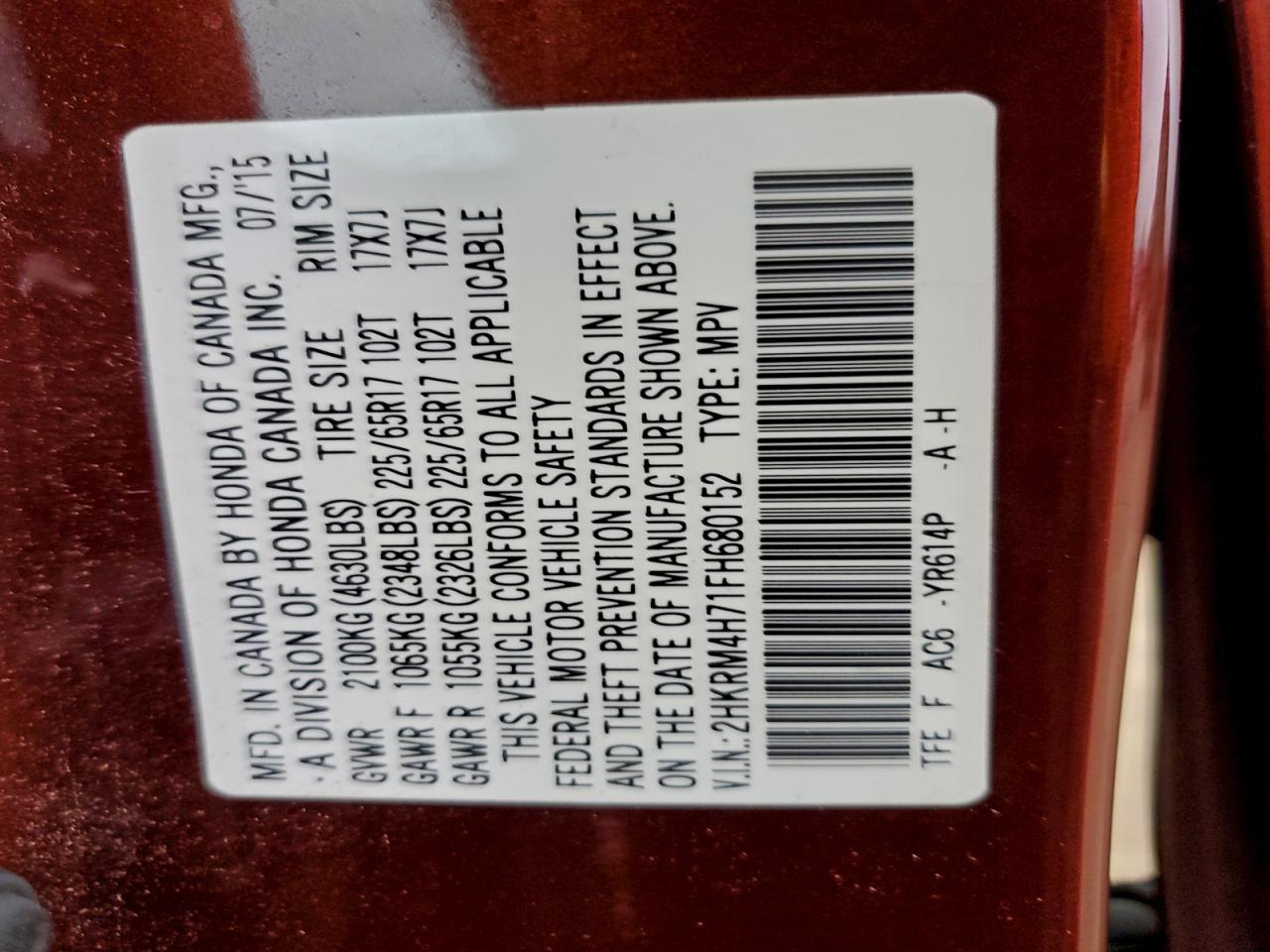 2015 Honda Cr-V Exl VIN: 2HKRM4H71FH680152 Lot: 93940605