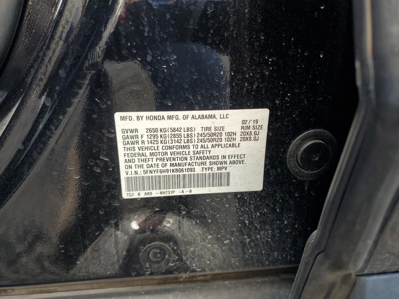 2019 Honda Pilot Touring VIN: 5FNYF6H91KB061093 Lot: 91709105