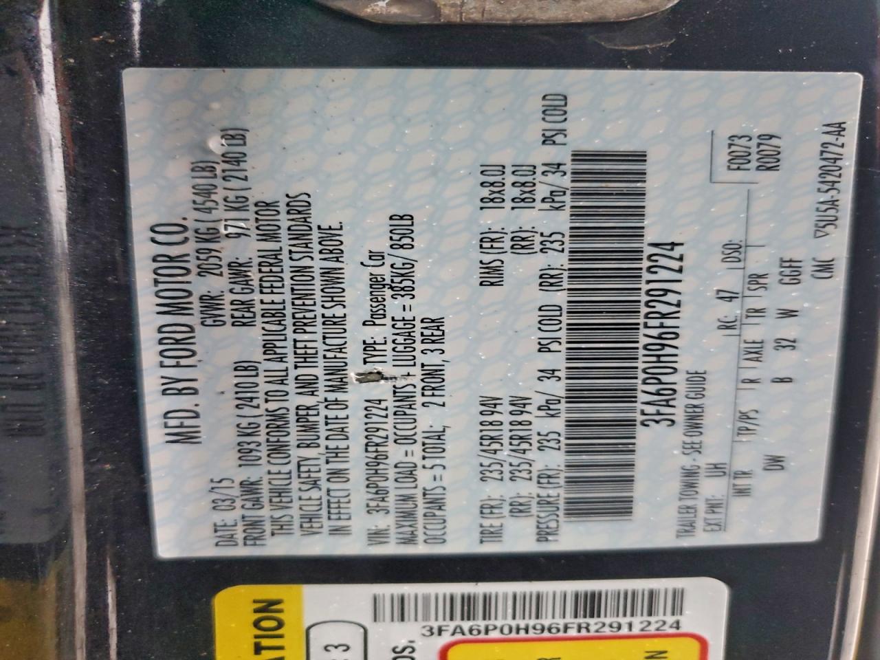 2015 Ford Fusion Se VIN: 3FA6P0H96FR291224 Lot: 94233355