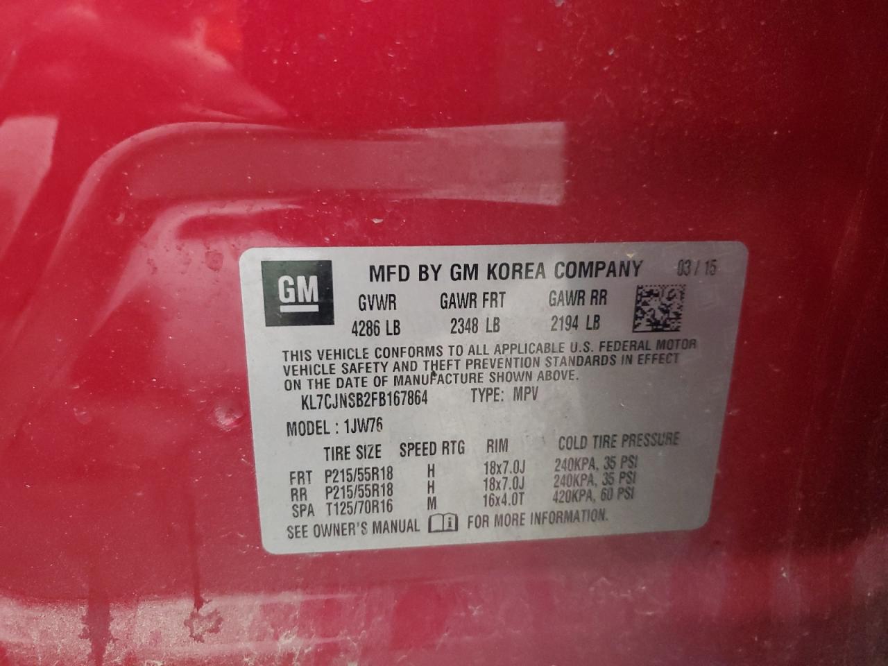 2015 Chevrolet Trax Ltz VIN: KL7CJNSB2FB167864 Lot: 92080455